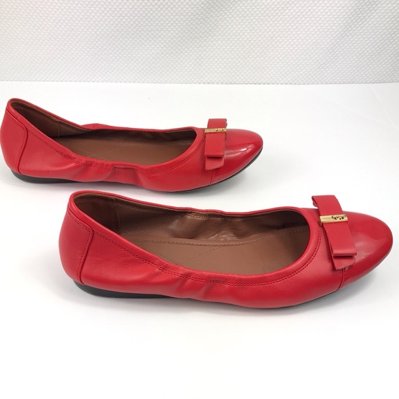 COLE HAAN Red Leather Ballet Flats Slippers w/Patent Cap Toe & Bow Womens 11B - Picture 6 of 9